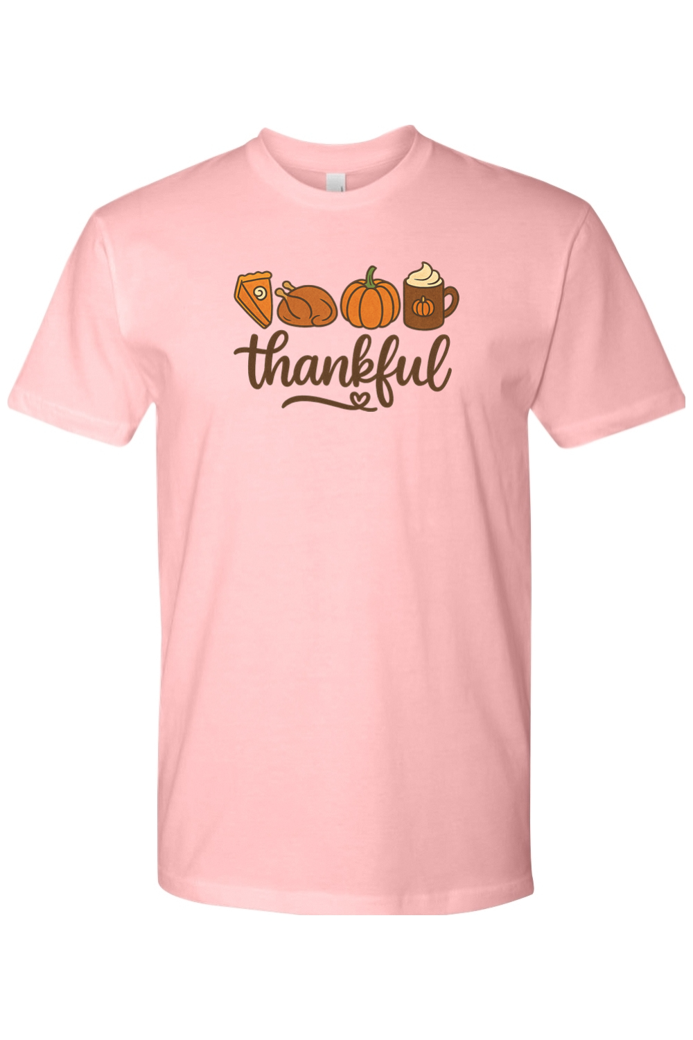Light pink Thanksgiving T-shirt with "Thankful" text with pumpkin pie, turkey, pumpkin, and pumpkin spice coffee design cute trendy girly fall short sleeve shirt