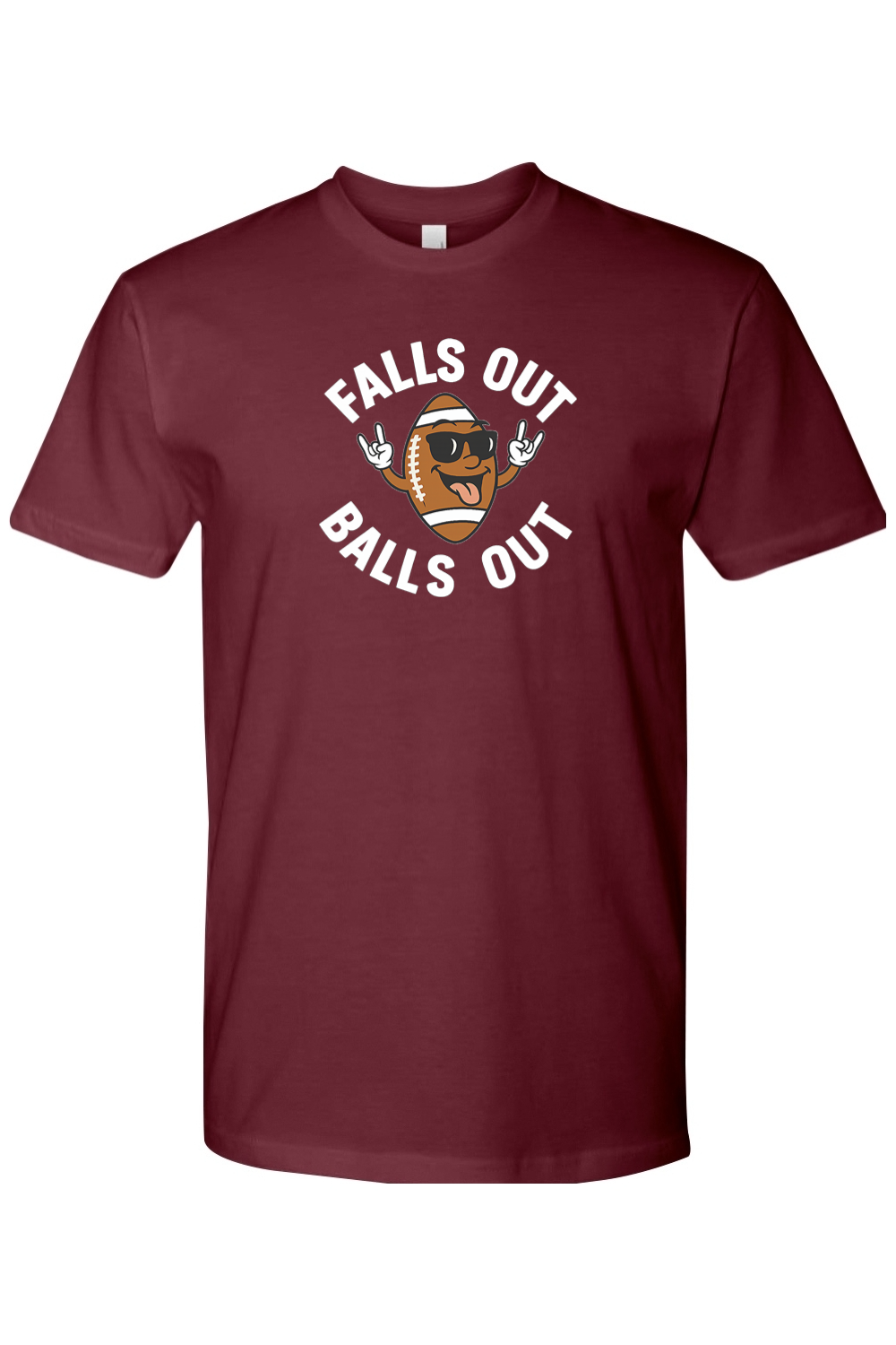 Maroon Thanksgiving t-shirt with "Falls Out Balls Out" text in white with a football in sunglasses sticking out his tongue and hands in the rock pose design funny fall humor holiday short sleeve shirt
