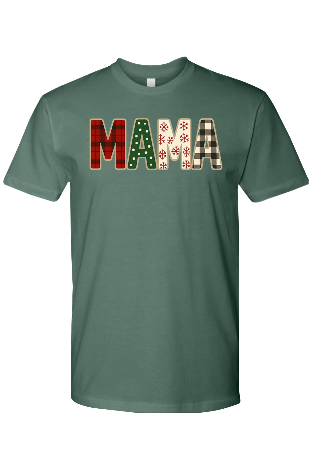 Pine green Christmas t-shirt with "MAMA" text with plaid, polka dots, and snowflakes pattern inside lettering cute trendy mom holiday short sleeve shirt