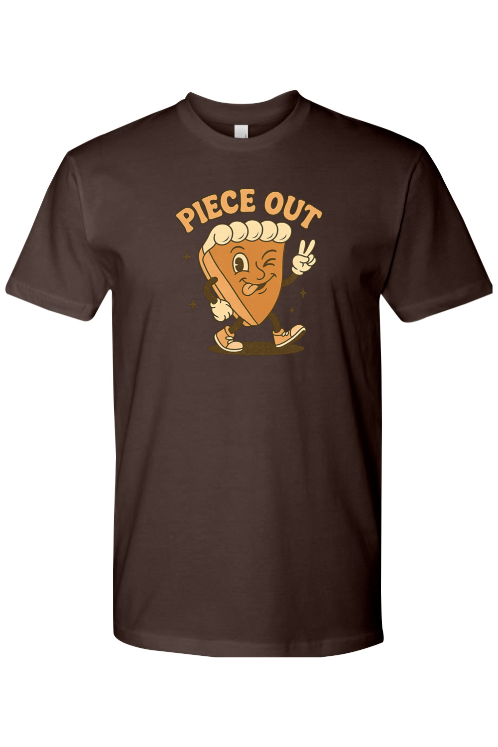 Brown Thanksgiving t-shirt with "Piece Out" text and a slice of pie winking and giving a peace sign cool retro trendy fall holiday short sleeve shirt