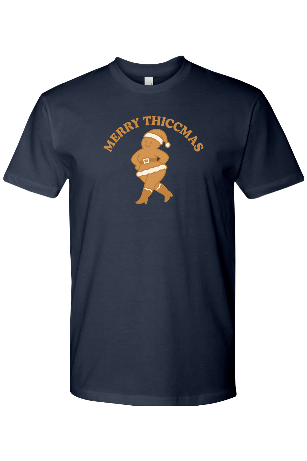 Navy Blue Christmas t-shirt with "Merry Thiccmas" text and a curvy gingerbread woman design funny humor edgy holiday festive short sleeve shirt
