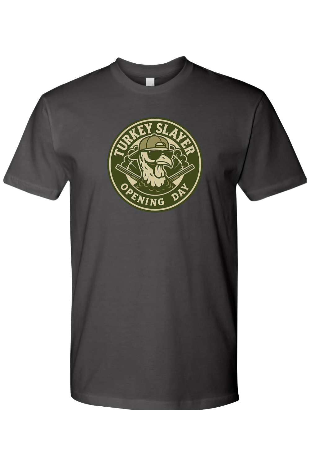 Dark grey gray Thanksgiving t-shirt with "Turkey Slayer Opening Day" text with a turkey badge design funny hunting fall short sleeve shirt