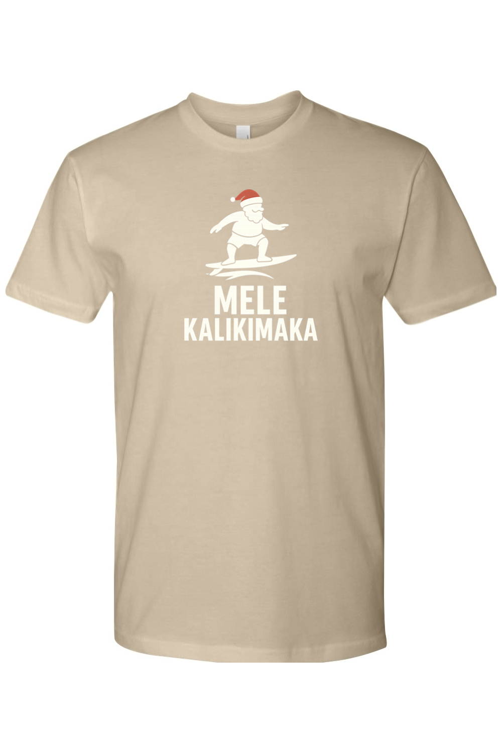 Dark beige Christmas t-shirt with Santa surfing and "Mele Kalikimaka" text funny Hawaiian Christmas surf holiday short sleeve shirt