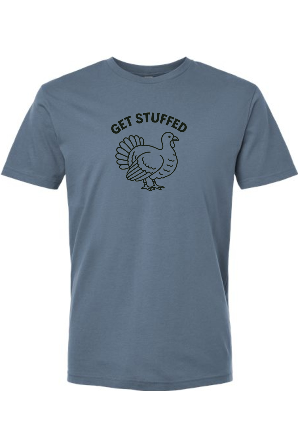 Blue Thanksgiving t-shirt with "Get Stuffed" text and a turkey design funny humor sarcastic fall holiday short sleeve shirt