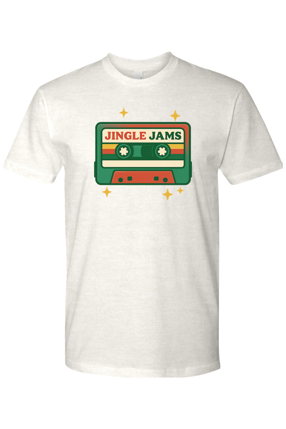 Light cream vintage Christmas t-shirt with "Jingle Jams" text inside a cassette tape retro trendy holiday short sleeve shirt