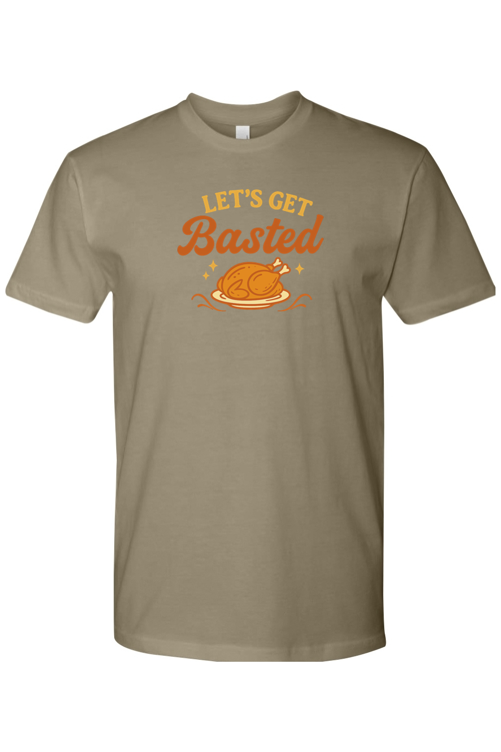 Light olive green Thanksgiving t-shirt with "Let's Get Basted" text and a turkey stars design funny girly trendy fall holiday short sleeve shirt