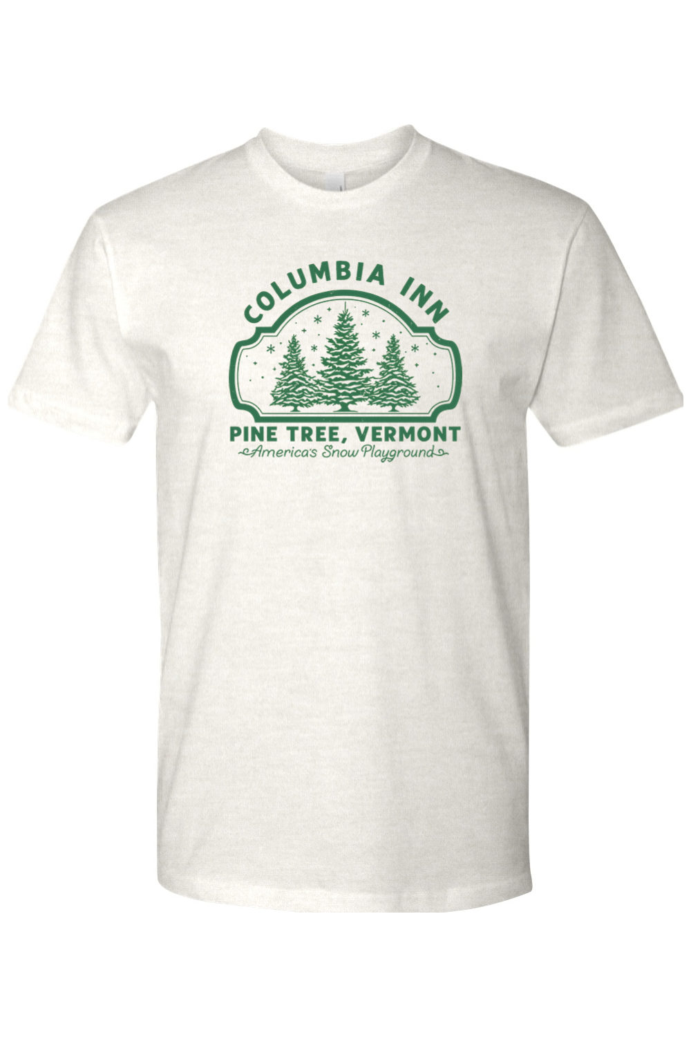 Light cream Christmas t-shirt with "Columbia Inn Pine Tree, Vermont America's Snow Playground" text in green with a pine tree snow design trendy festive holiday short sleeve shirt