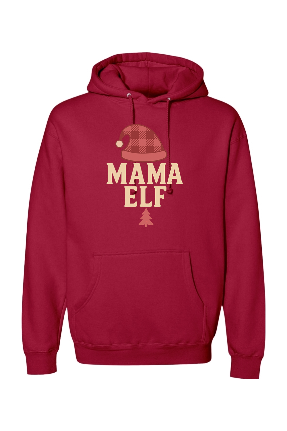 Red Christmas hoodie with "Mama Elf" text with an elf hat and pine tree design cute trendy women's long sleeve hooded sweatshirt