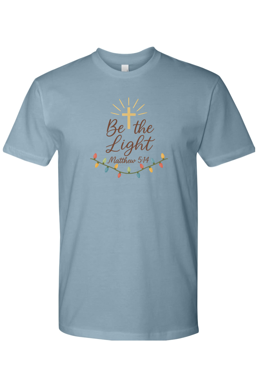 Blue Christmas t-shirt with "Be the Light Matthew 5:14" text and a cross Christmas lights design cute trendy religious God Jesus Christian holiday short sleeve shirt