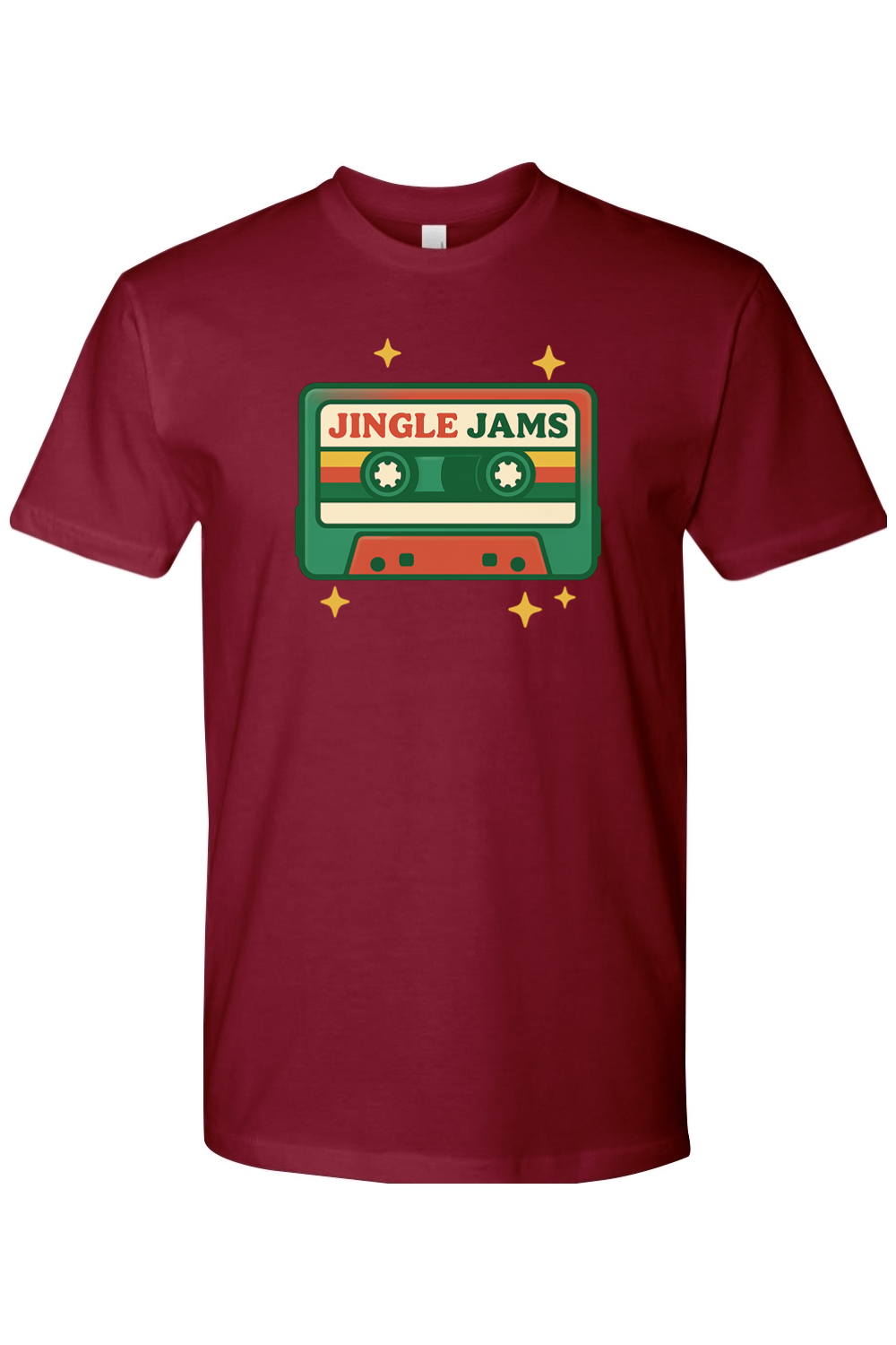 Burgundy vintage Christmas t-shirt with "Jingle Jams" text inside a cassette tape retro trendy holiday short sleeve shirt