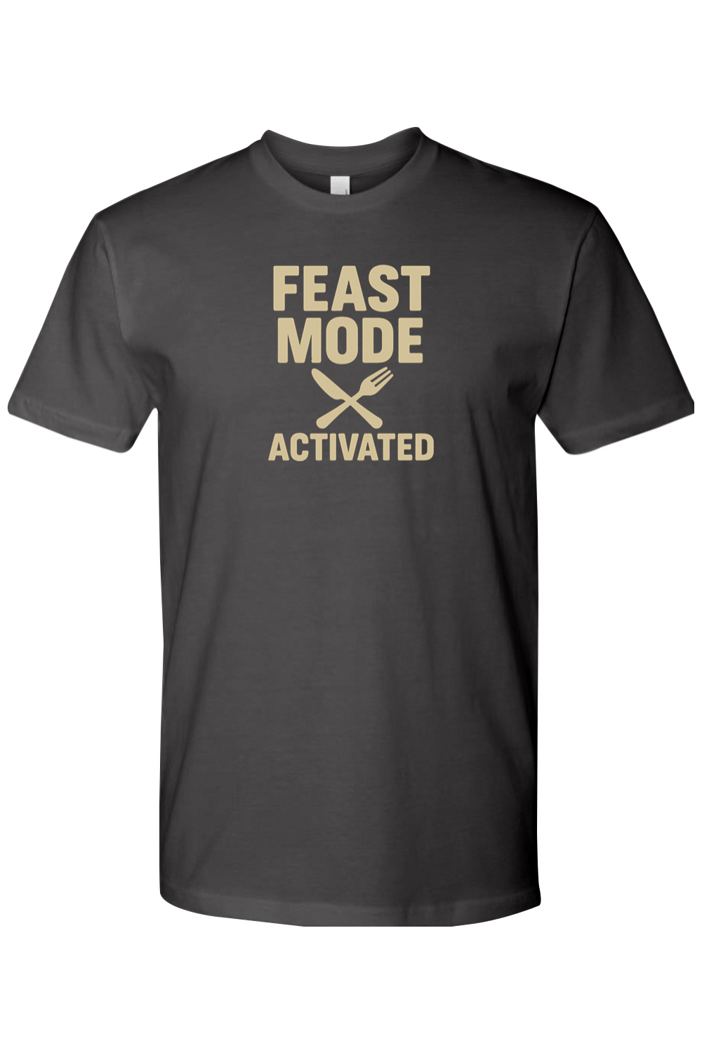 Dark grey gray Thanksgiving t-shirt with "Feast Mode Activated" text and a fork and knife design funny humor fall holiday short sleeve shirt