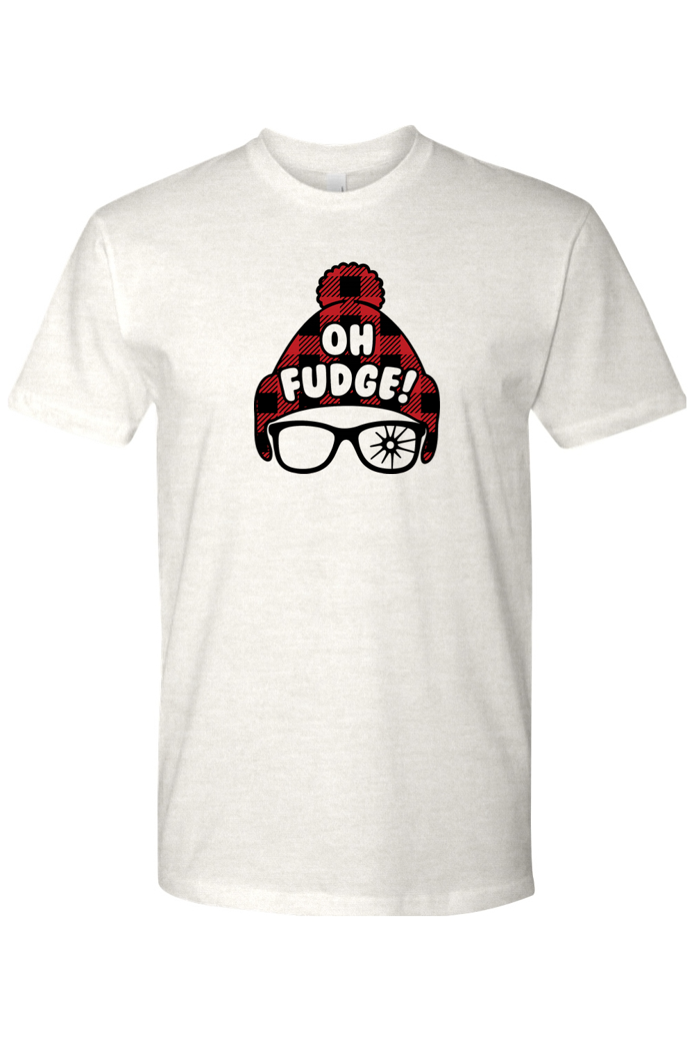 Light cream Christmas t-shirt with "Oh Fudge!" text and a plaid hat and broken glasses design funny holiday humor short sleeve shirt