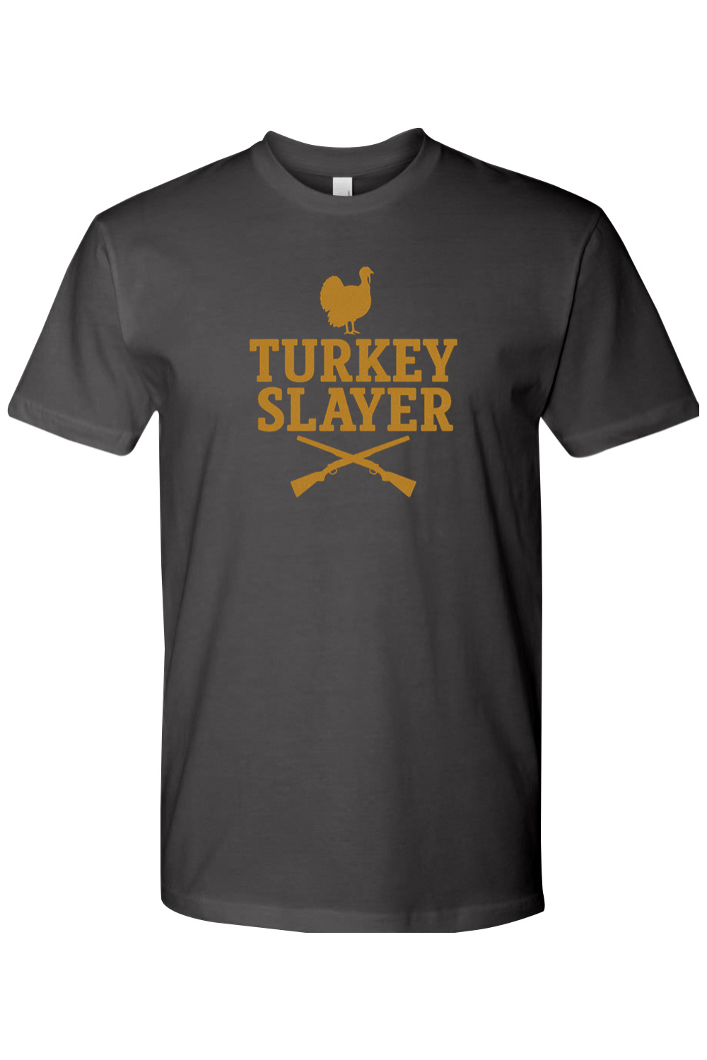 Dark grey gray Thanksgiving t-shirt with "Turkey Slayer" text and turkey hunting design funny fall hunter holiday short sleeve shirt