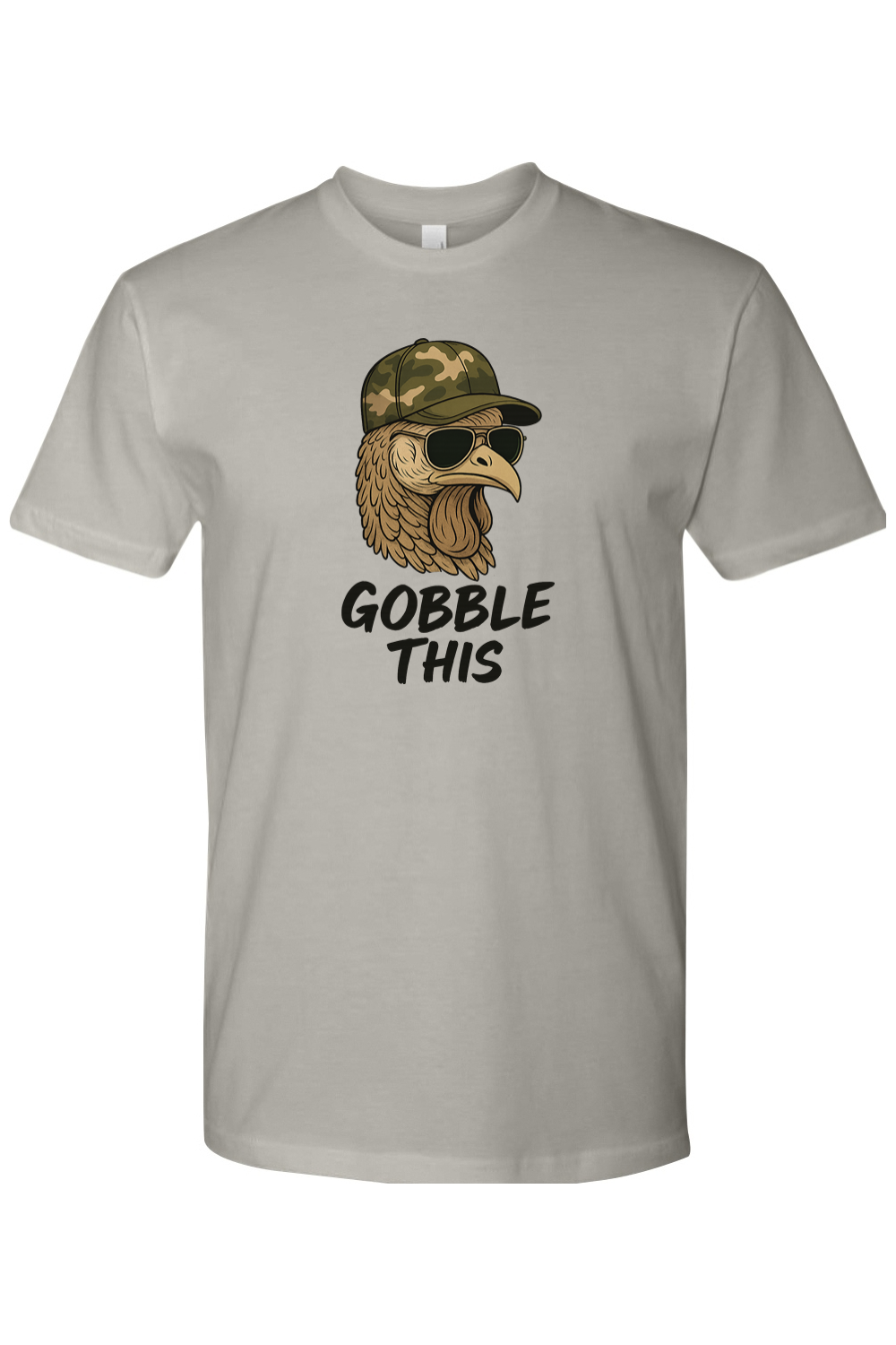 Grey gray Thanksgiving t-shirt with "Gobble This" text with a turkey in sunglasses and camouflage hat funny hunting military fall holiday short sleeve shirt