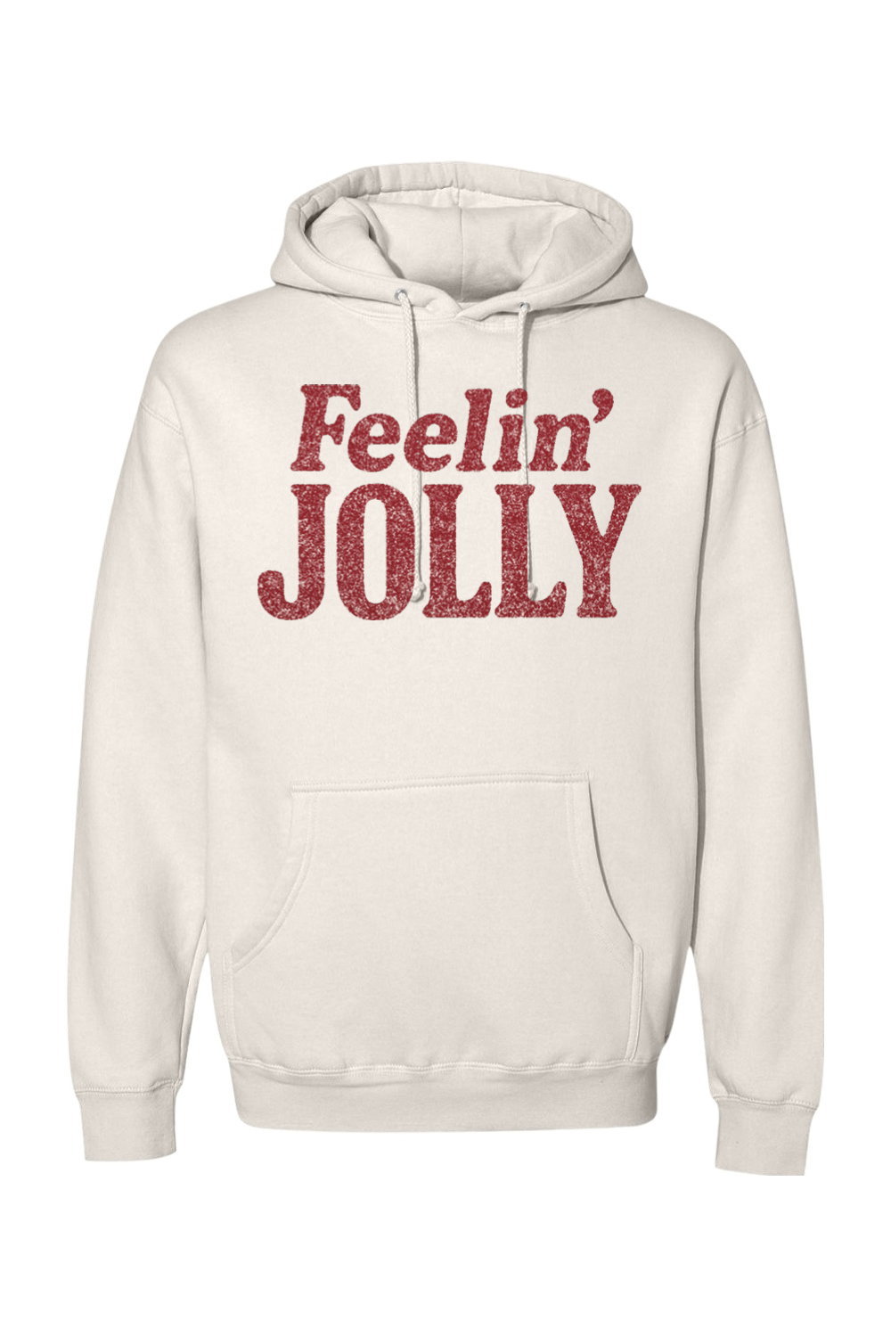 Beige Christmas hoodie with "Feelin' Jolly" text in dark red funny holiday humor long sleeve hooded sweatshirt