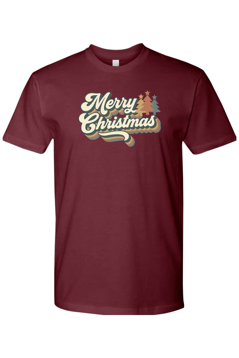 Burgundy Christmas t-shirt with "Merry Christmas" text in retro bubble font and Christmas trees design cute trendy festive holiday short sleeve shirt