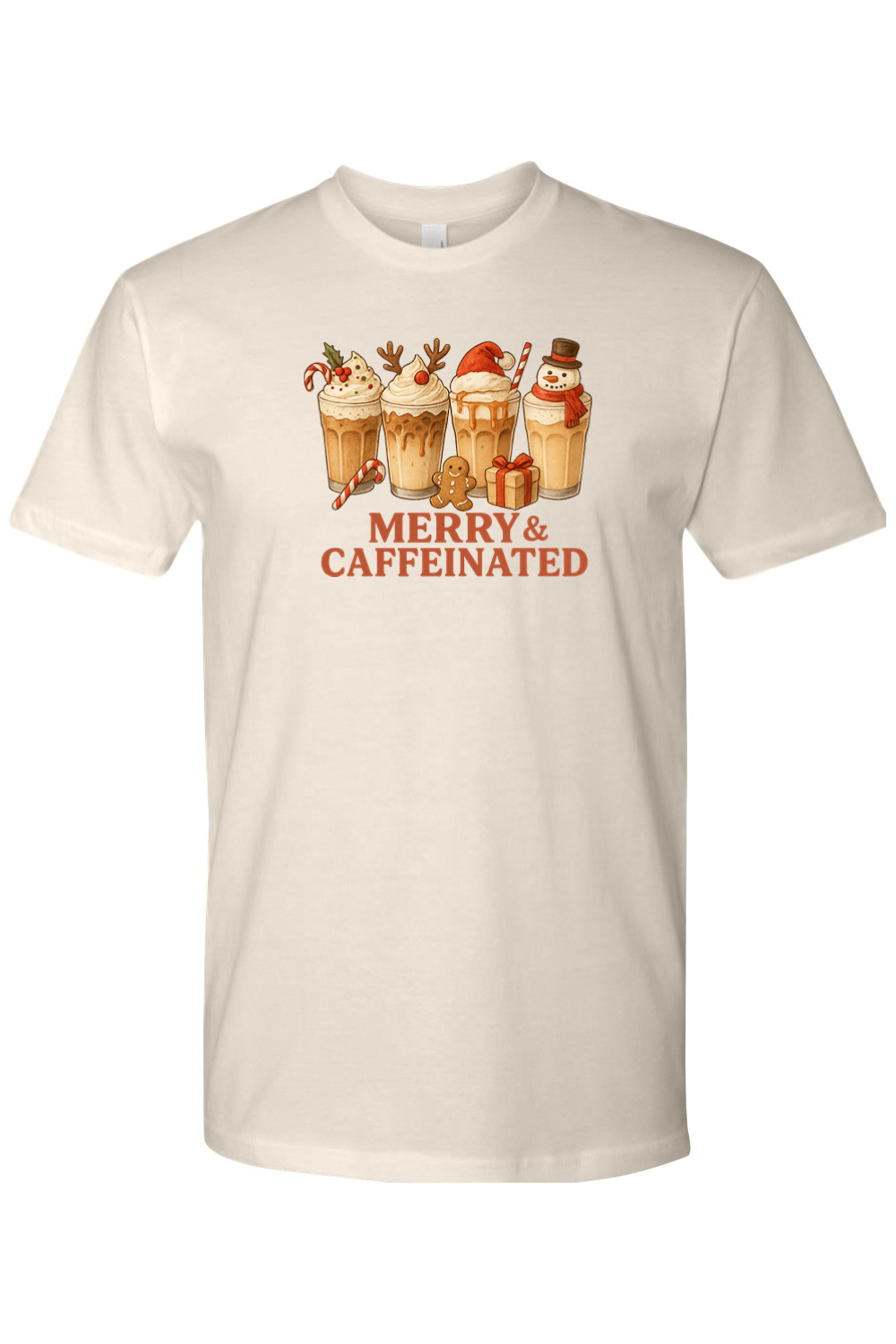 Beige cream t-shirt with Christmas coffee design and Merry & Caffeinated text cute holiday iced coffee short sleeve shirt