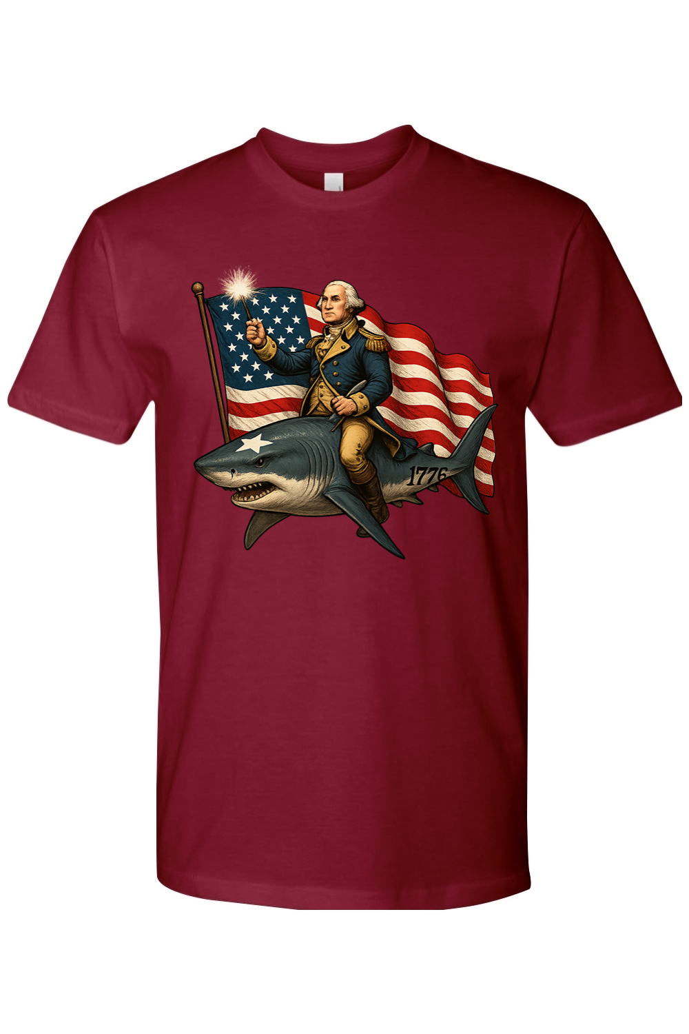 Red t-shirt with a graphic of George Washington holding an American flag while riding a shark.