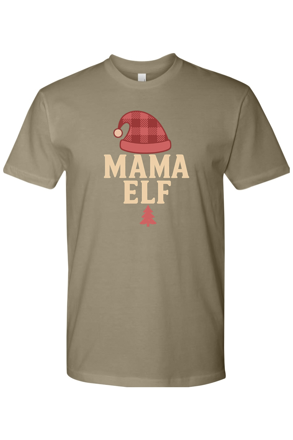 Olive green Christmas t-shirt with "Mama Elf" text and a plaid elf hat design and pine tree women's cute trendy holiday short sleeve shirt