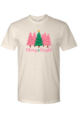 Beige cream Christmas t-shirt with pink and green Christmas trees design with text 
