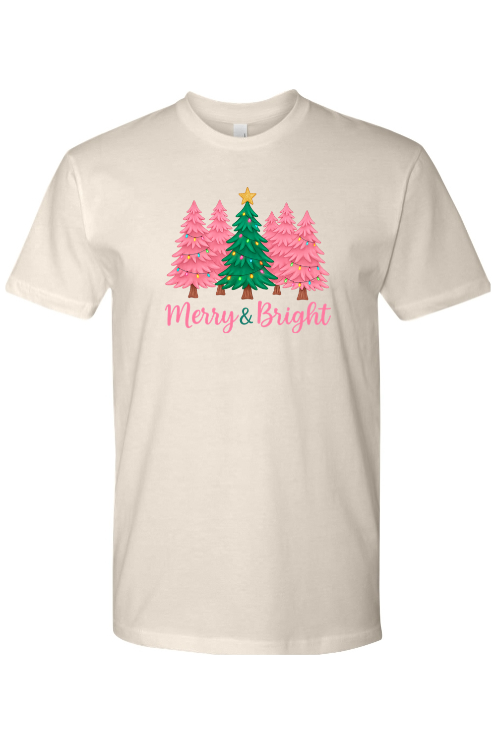 Beige cream Christmas t-shirt with pink and green Christmas trees design with text "Merry & Bright" cute trendy festive holiday short sleeve shirt