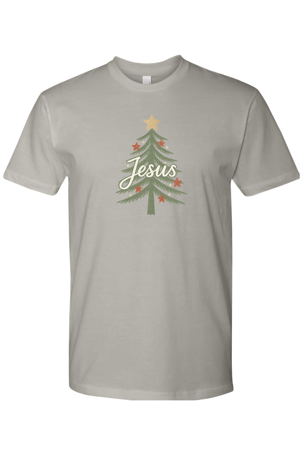 Gray grey Christmas t-shirt with "Jesus" text in a Christmas tree design cute trendy religious Christian God holiday short sleeve shirt