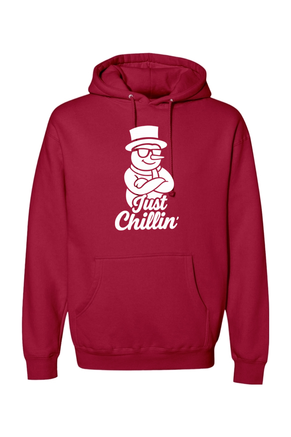 Red Christmas hoodie with "Just Chillin'" text in white with a snowman wearing sunglasses and arms crossed design funny holiday humor long sleeve hooded sweatshirt