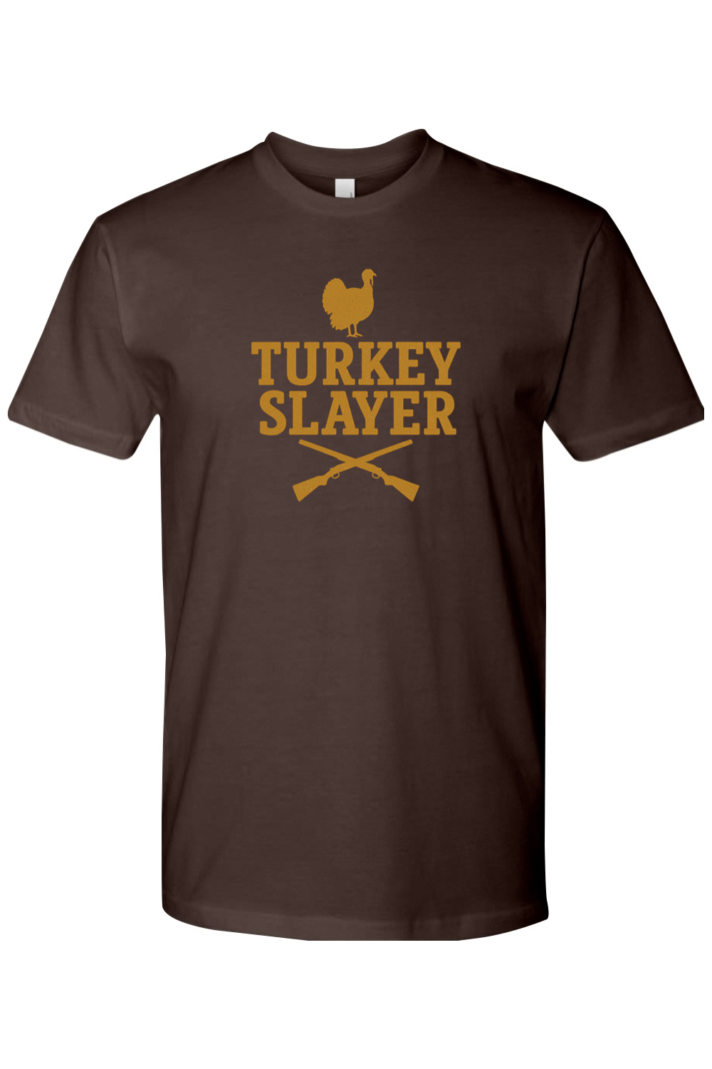 Brown Thanksgiving t-shirt with "Turkey Slayer" text and turkey hunting design funny fall hunter holiday short sleeve shirt