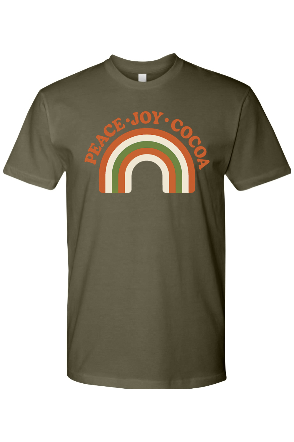 Dark olive green  vintage Christmas t-shirt with "Peace Joy Cocoa" text and a retro rainbow design cool trendy holiday short sleeve shirt