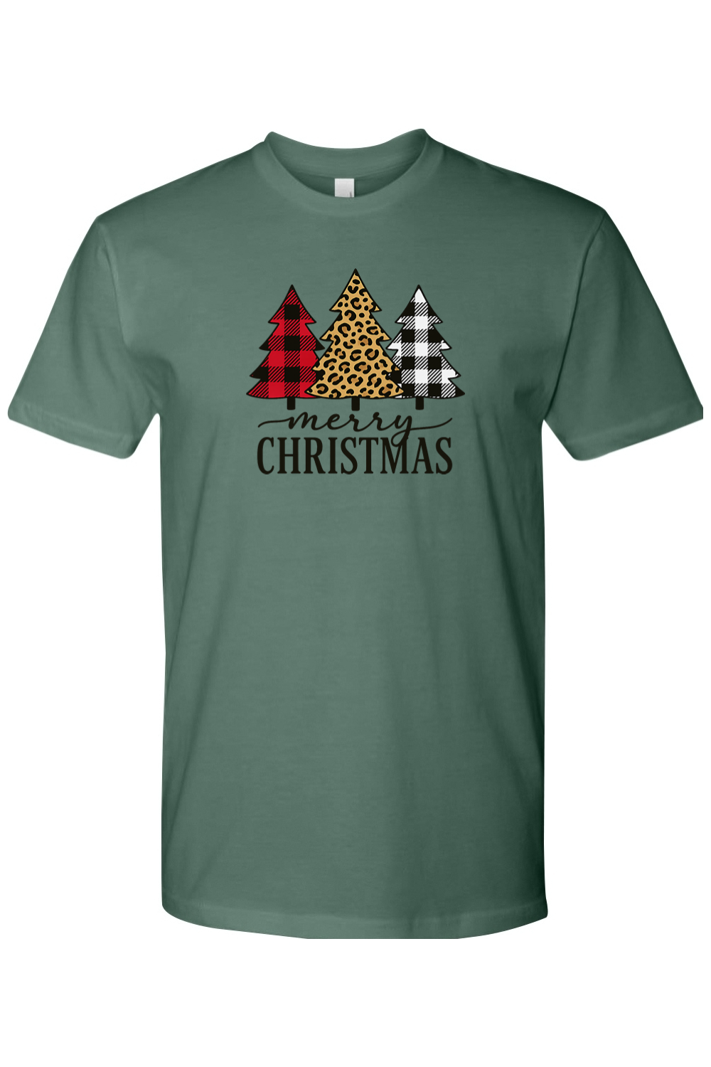 Pine green Christmas t-shirt with plaid and leopard print Christmas trees design and "Merry Christmas" text festive trendy holiday short sleeve shirt