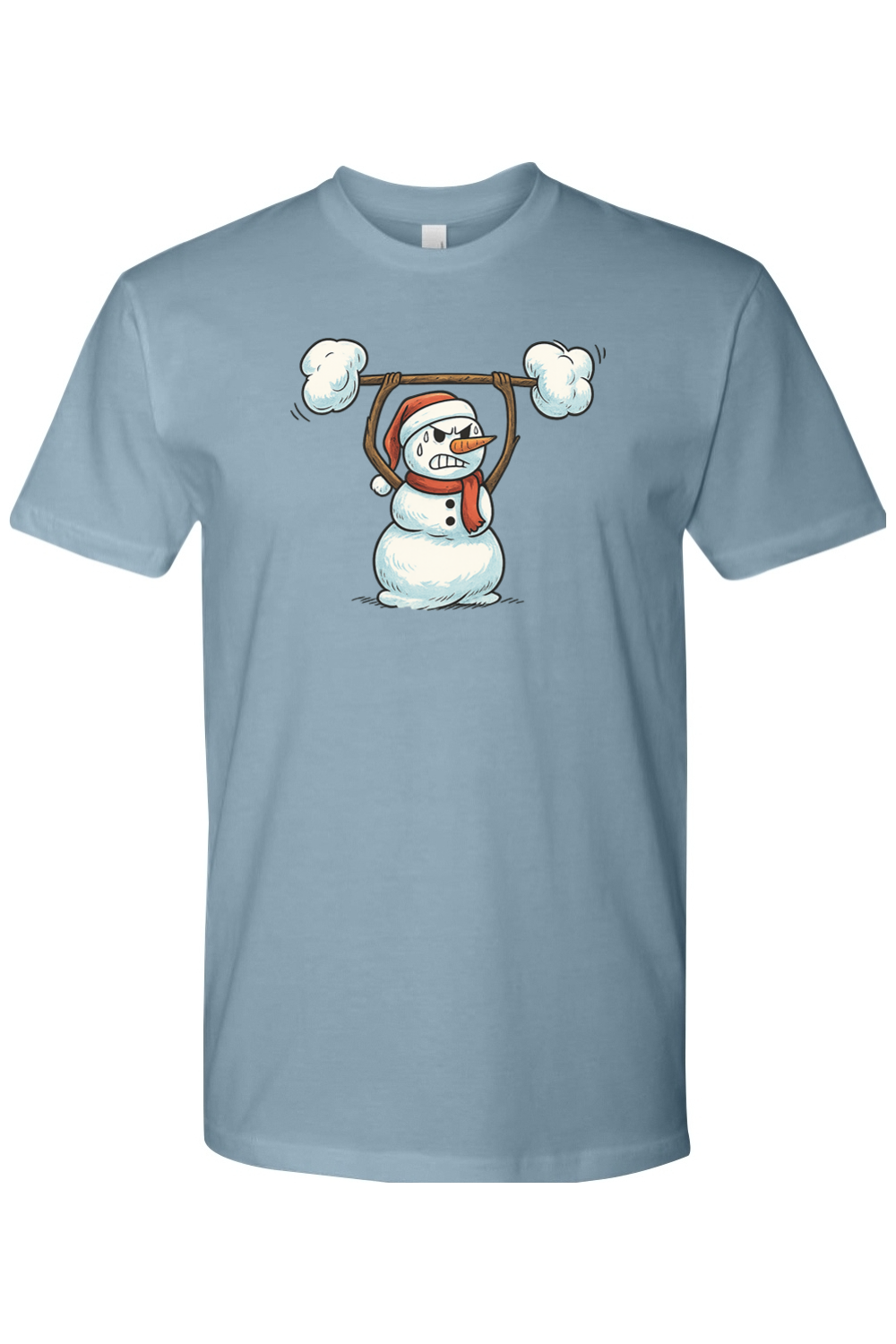 Blue Christmas t-shirt with a snowman lifting a snow barbell design funny gym humor festive holiday short sleeve shirt