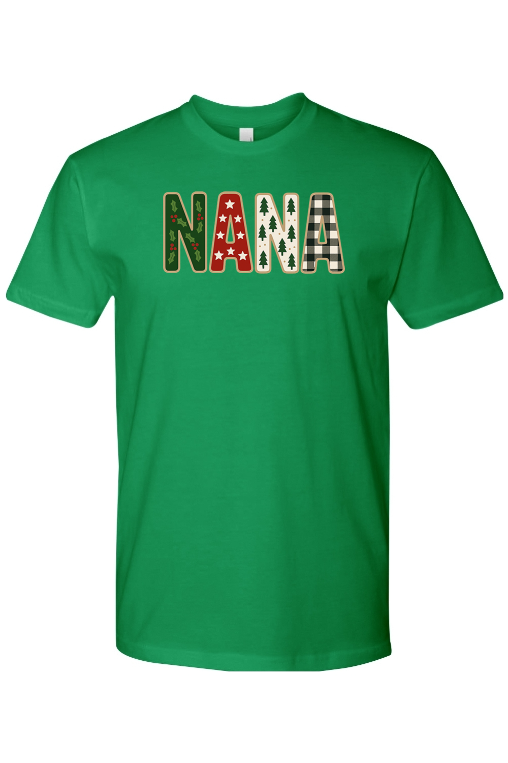 Green Christmas t-shirt with "NANA" text with holly, star, tree, and plaid patterns inside the letters cute trendy grandma grandmother holiday short sleeve shirt