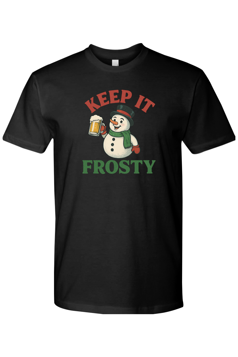 Black Christmas T-shirt with "Keep It Frosty" text with a snowman holding a  beer mug funny holiday humor short sleeve shirt