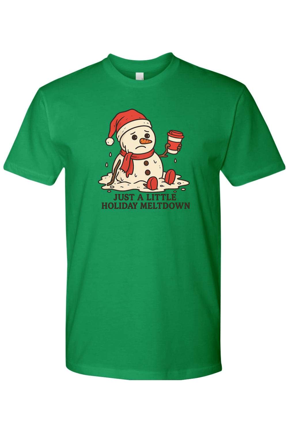 Green Christmas t-shirt with "Just A Little Holiday Meltdown" text with a melting snowman holding a coffee design funny festive holiday short sleeve shirt