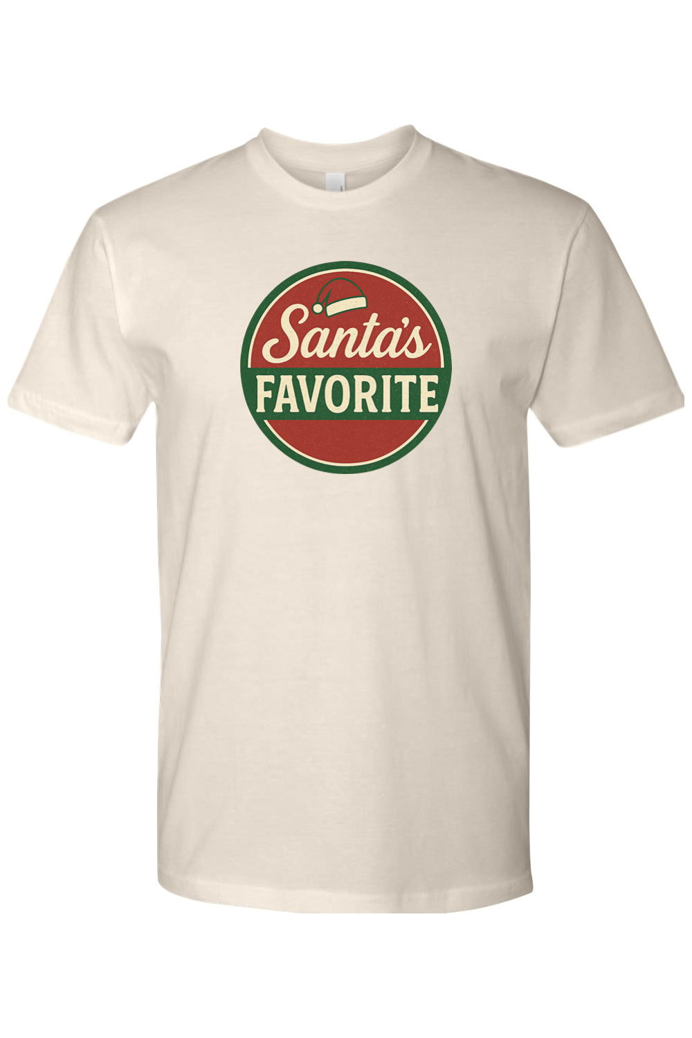 Cream Christmas t-shirt with "Santa's Favorite" text with a Santa hat in a badge layout design funny festive holiday short sleeve shirt