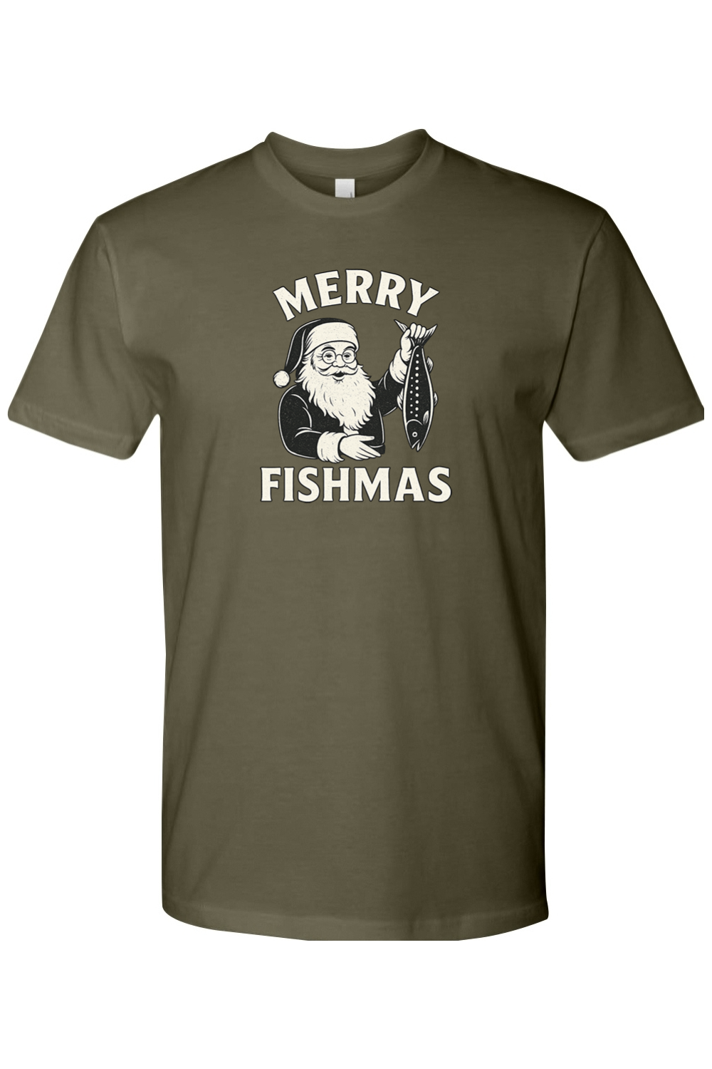Olive green Christmas t-shirt with "Merry Fishmas" text with Santa holding a fish design funny fishing holiday festive short sleeve shirt