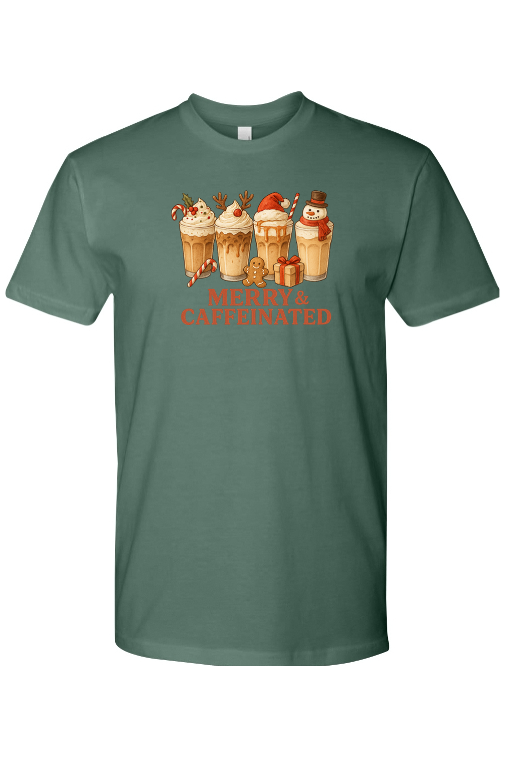 Pine green t-shirt with Christmas coffee design and Merry & Caffeinated text cute holiday iced coffee short sleeve shirt