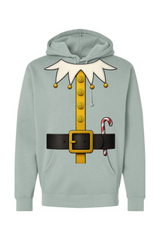 Light green Christmas hoodie with an elf costume design funny festive holiday long sleeve hooded sweatshirt