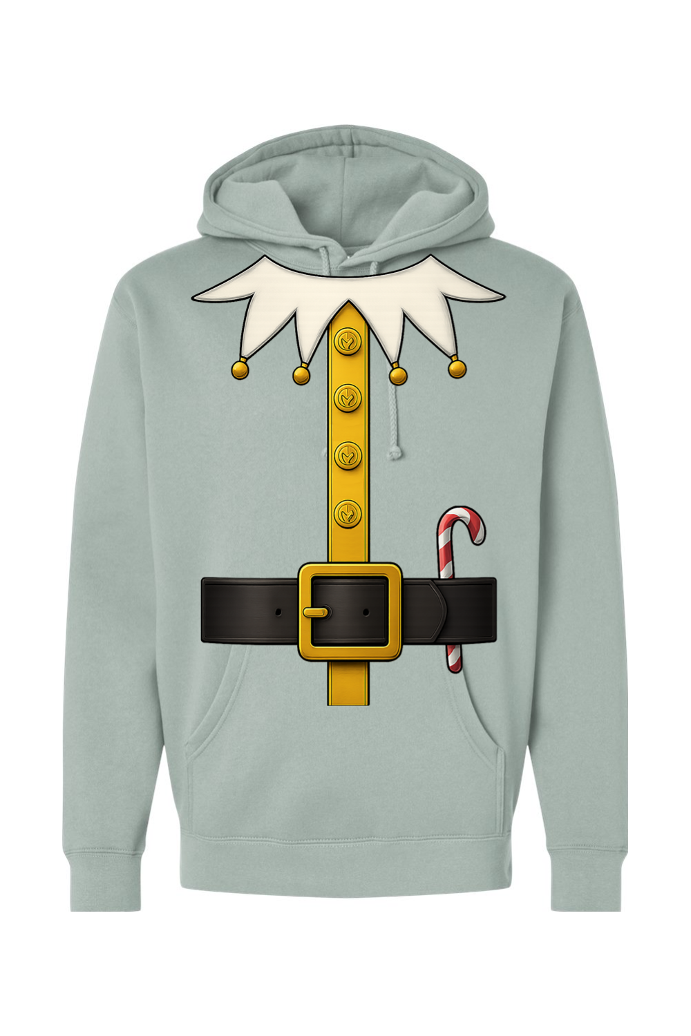 Light green Christmas hoodie with an elf costume design funny festive holiday long sleeve hooded sweatshirt