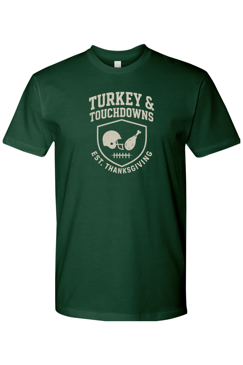 Dark green Thanksgiving T-shirt with "Turkey & Touchdowns EST. Thanksgiving" text with a football helmet and turkey leg shield design cool fall holiday short sleeve shirt