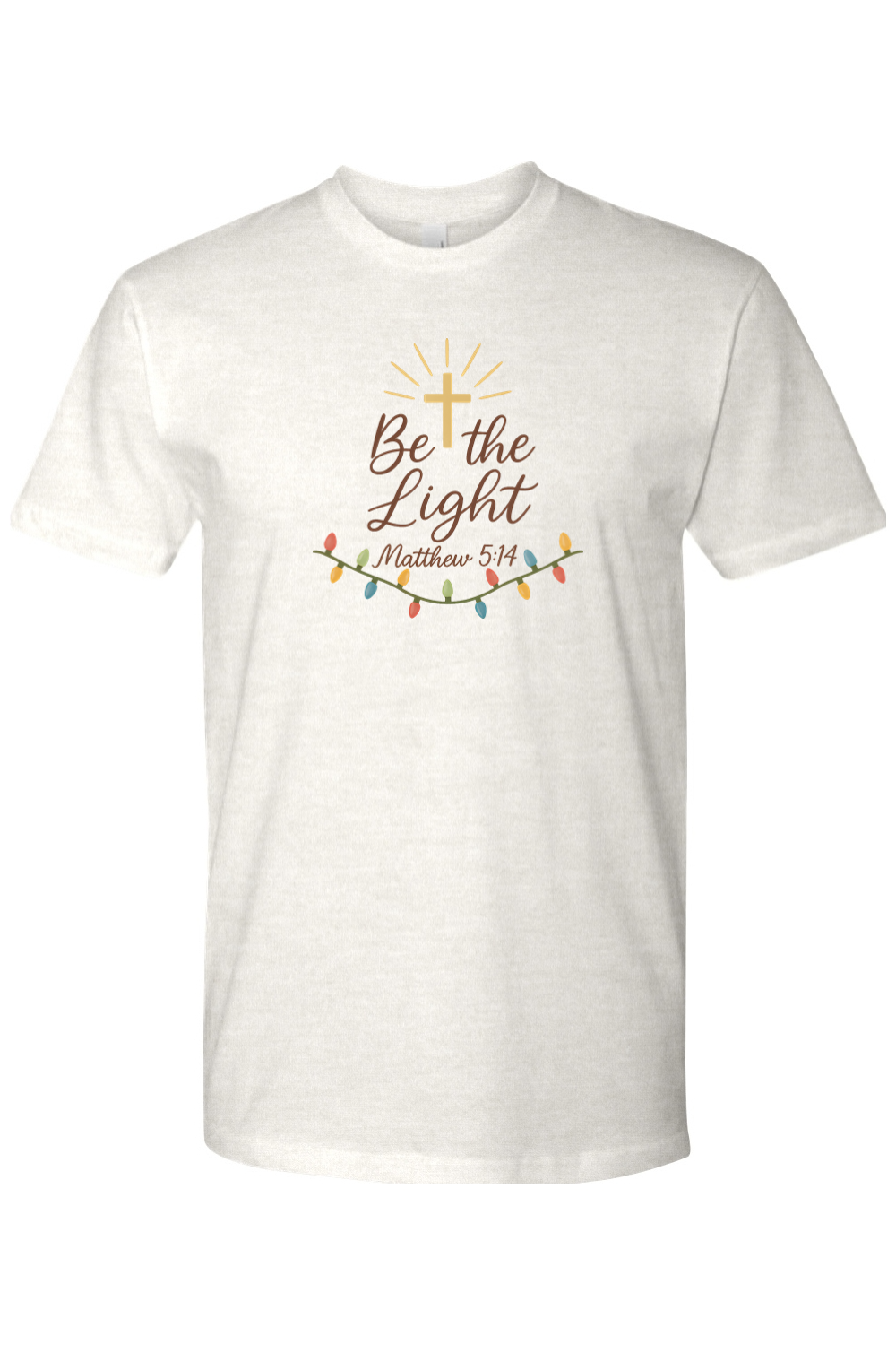 Beige Christmas t-shirt with "Be the Light Matthew 5:14" text and a cross Christmas lights design cute trendy religious God Jesus Christian holiday short sleeve shirt
