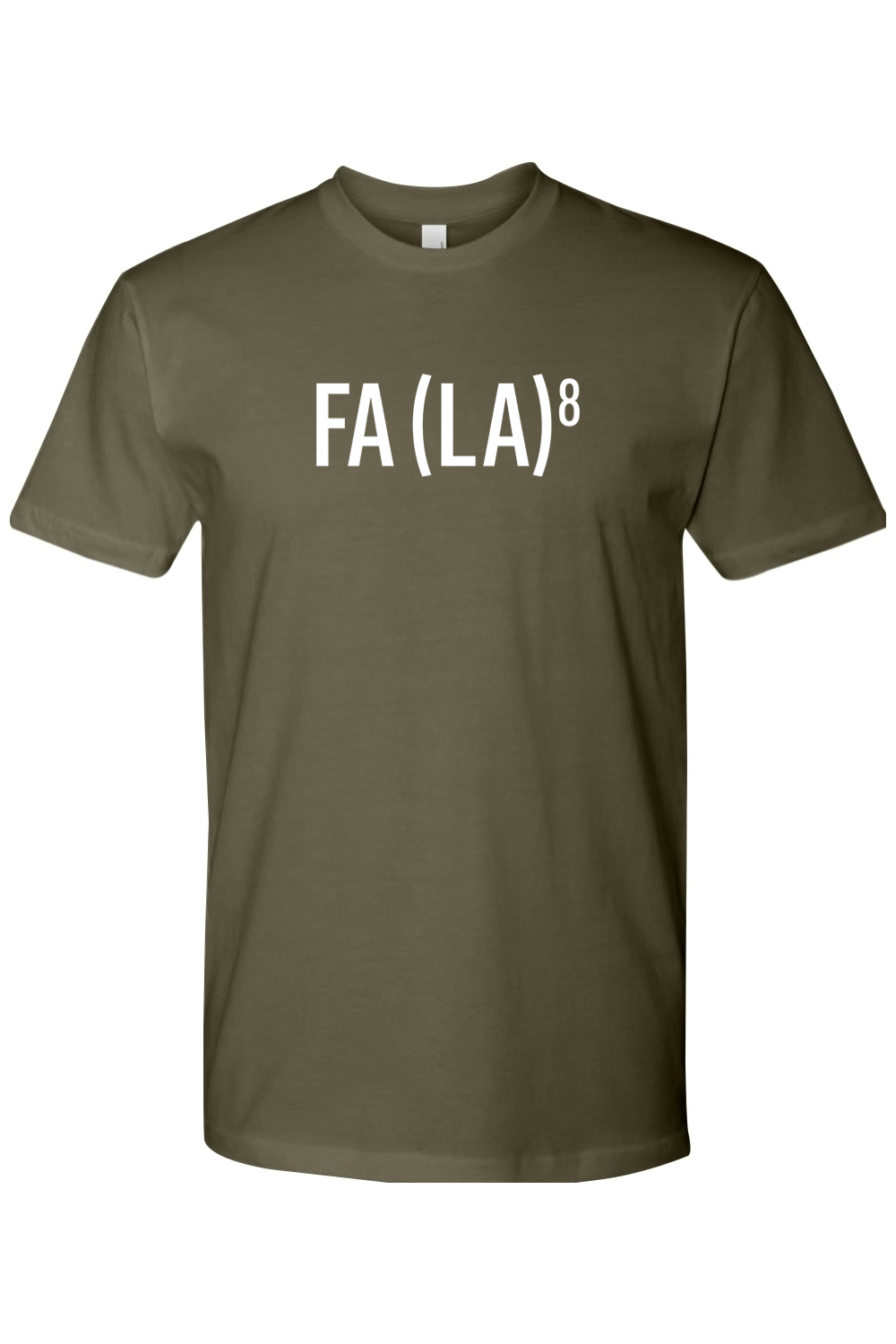 Olive green Christmas t-shirt with 'FA (LA)8' text funny sarcastic holiday festive short sleeve shirt