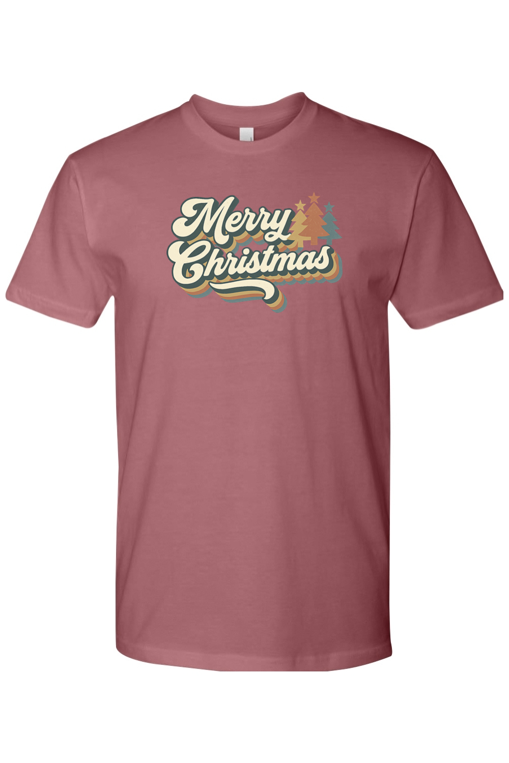 Mauve dark pink Christmas t-shirt with "Merry Christmas" text in retro bubble font and Christmas trees design cute trendy festive holiday short sleeve shirt