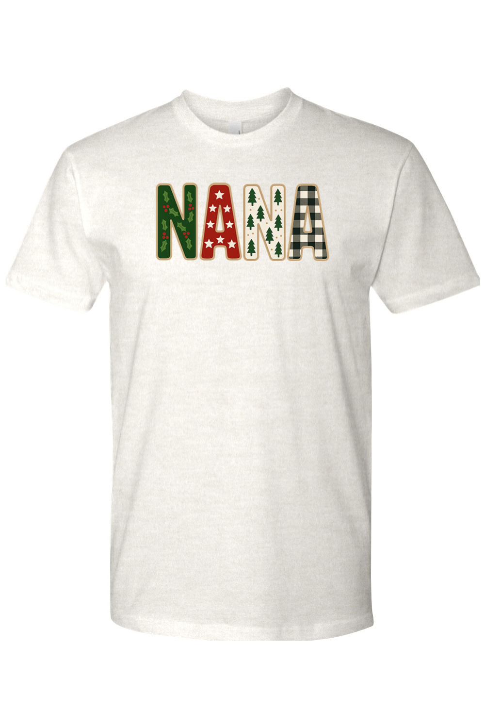 Light cream Christmas t-shirt with "NANA" text with holly, star, tree, and plaid patterns inside the letters cute trendy grandma grandmother holiday short sleeve shirt
