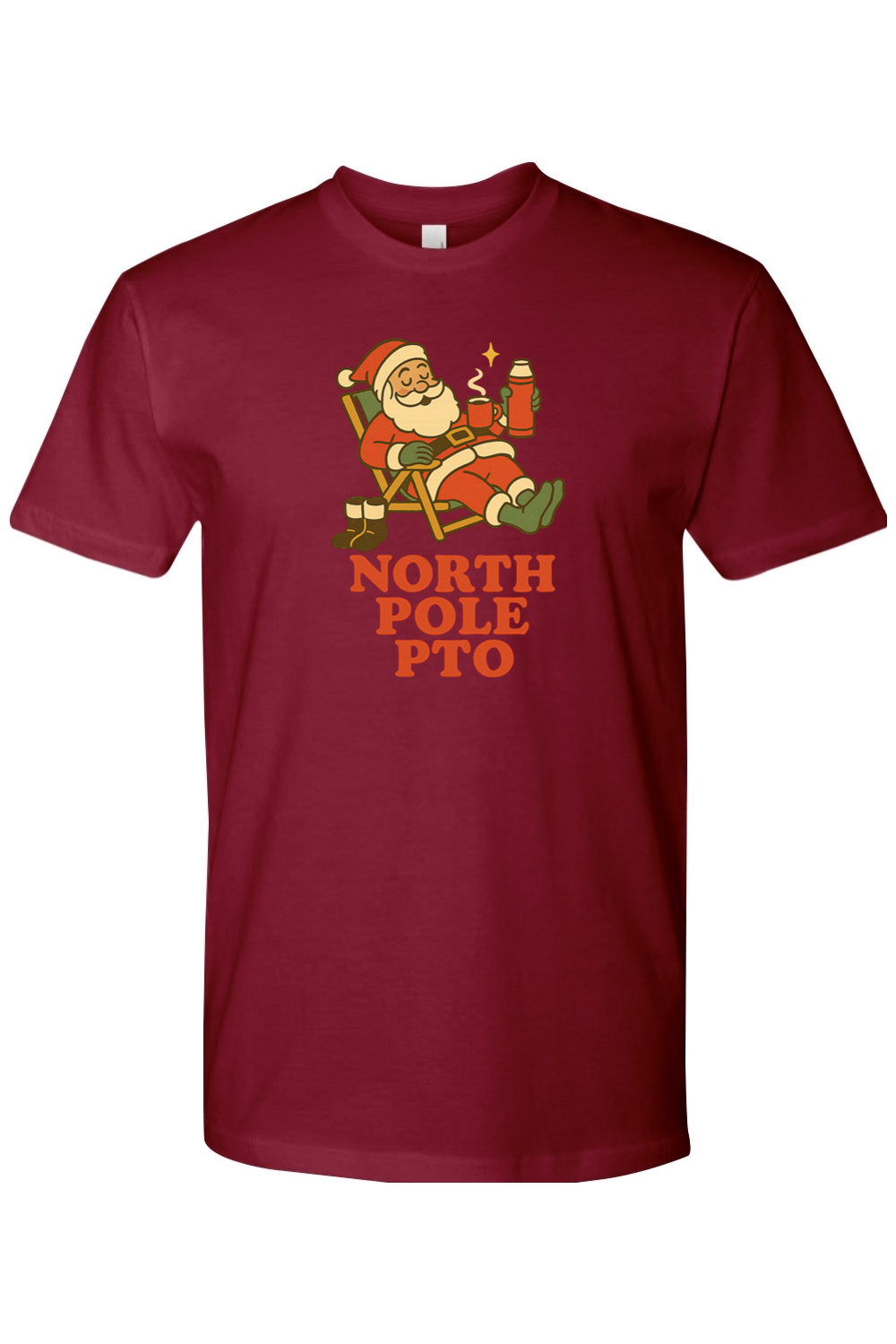 Burgundy vintage Christmas t-shirt with "North Pole PTO" text and Santa relaxing on a reclining chair with hot cocoa design funny holiday humor short sleeve shirt