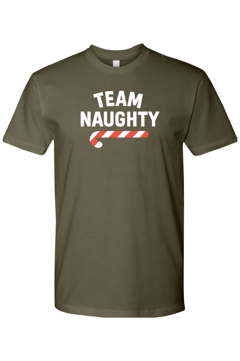 Olive green Christmas t-shirt with "Team Naughty" text in white with a candy cane design funny sarcastic humor holiday short sleeve shirt