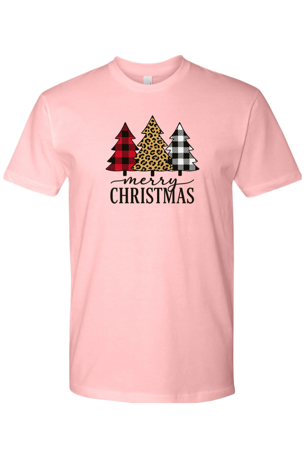 Light pink Christmas t-shirt with plaid and leopard print Christmas trees design and "Merry Christmas" text festive trendy holiday short sleeve shirt