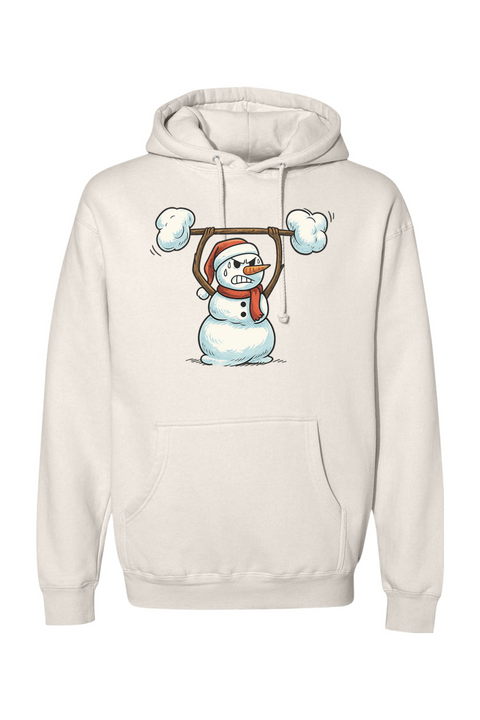 Beige Christmas hoodie with a snowman lifting a snow barbell design funny gym humor festive holiday long sleeve hooded sweatshirt