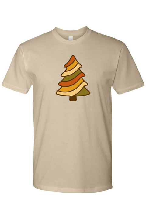 Dark beige vintage Christmas t-shirt with a retro wavy Christmas tree design cute trendy holiday short sleeve shirt