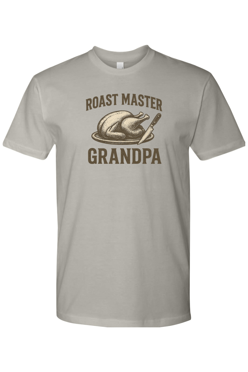 Grey gray Thanksgiving t-shirt with "Roast Master Grandpa" text with a turkey design grandparent funny fall holiday short sleeve shirt